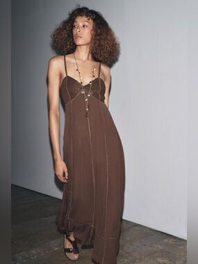 ZARA Brown Spaghetti-Strap Maxi Dress With Beaded Detail. S NWT
